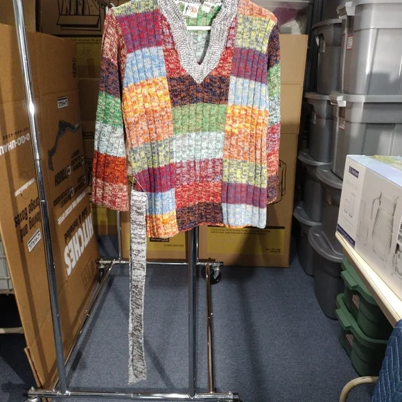 Colorful V-Neck Sweater with Belt - Picture 2 of 5